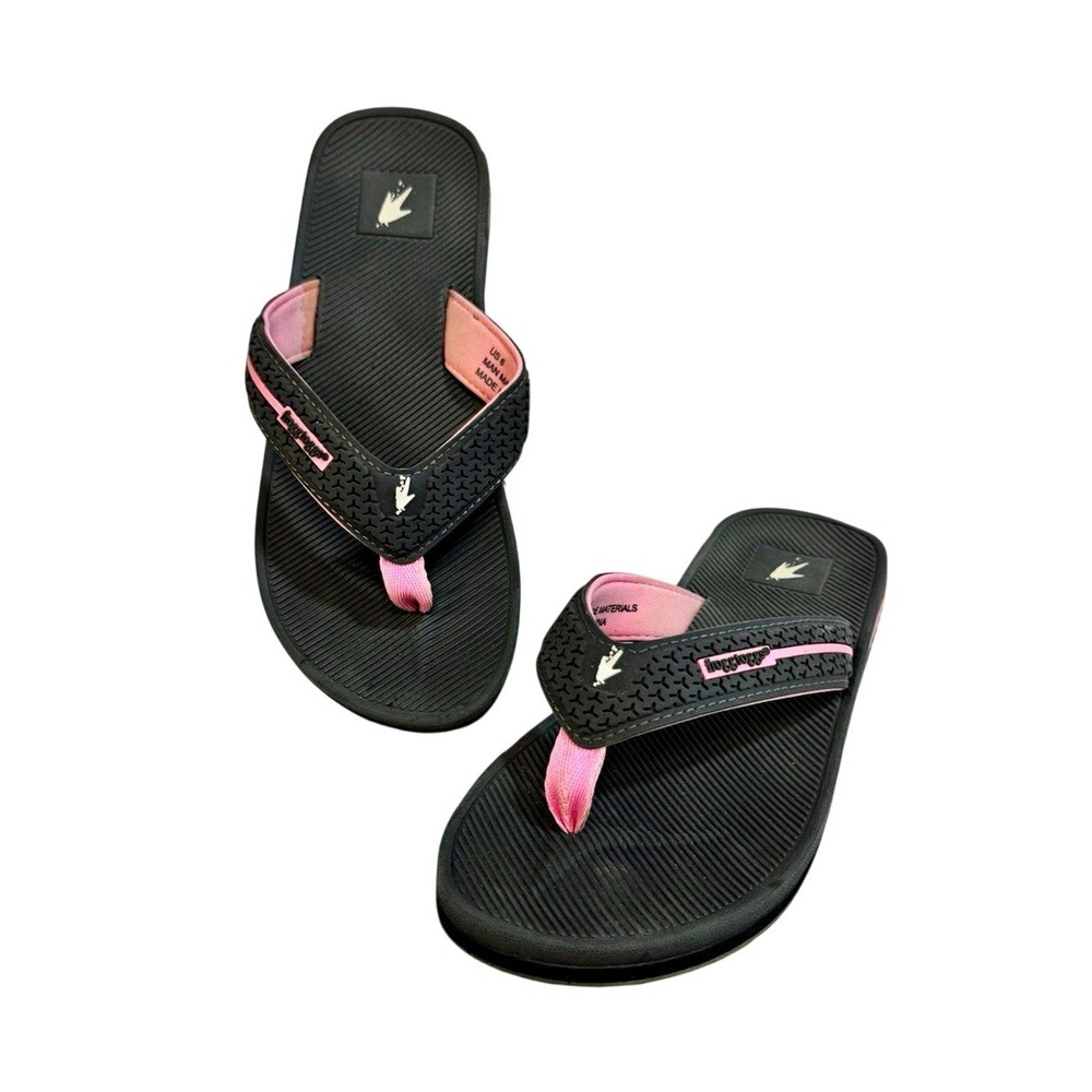 frogg toggs Women's Black/Pink Logo Flip Flop Sandals Slip On US 8